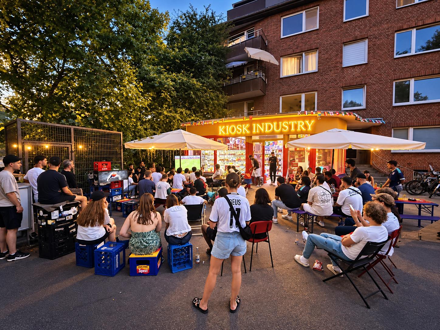 Fußballabend vor KIOSK INDUSTRY: Dutzende Menschen sitzen auf Getränkekisten und Stühlen vor dem leuchtenden Kiosk und schauen auf die Leinwand.
