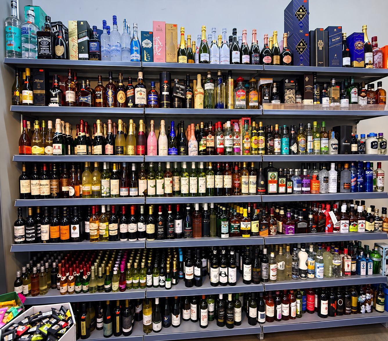 Regalwand voller Wein-, Sekt- und Spirituosenflaschen.